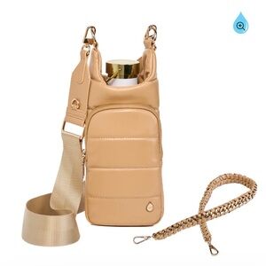 WanderGull Tan Vegan Leather Crossbody Bottle Holder Bag with Gold Hardware